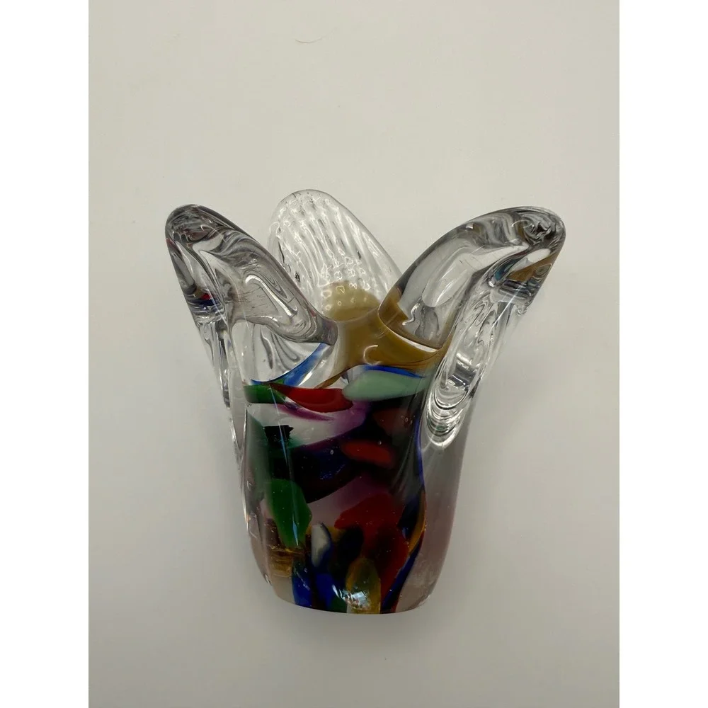 Murano Style Art Glass Vase Multi Color Confetti Hand Blown Pulled Rim Vintage